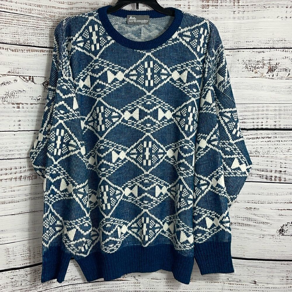 Vintage North country Eaton Sweater Mens XL knit geo print Wool Blend crew Neck‎